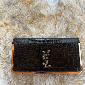 Yves Saint Laurent Black Croc-Embossed Clutch with Gold Chain